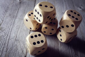 Bunch of wooden dice on table